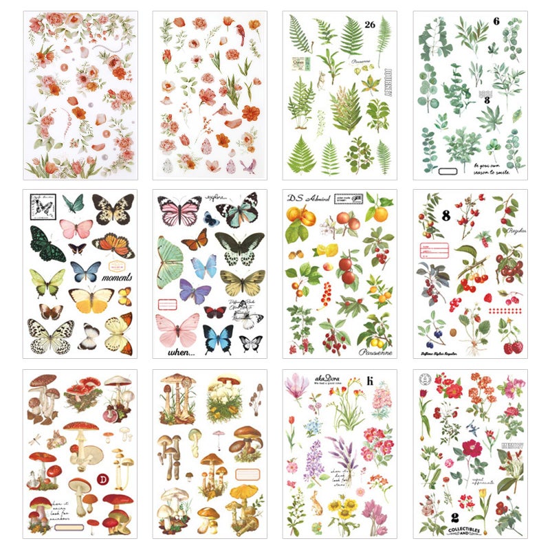 FGISAR 12 Sheets Rub on Transfers for Furniture Crafts Vintage Rub On Transfer Stickers Flower Plant Mushroom Butterfly Berry Stickers for Wood Fabric Furniture Decals for Home Office Scrapbooking Journals - Image 1